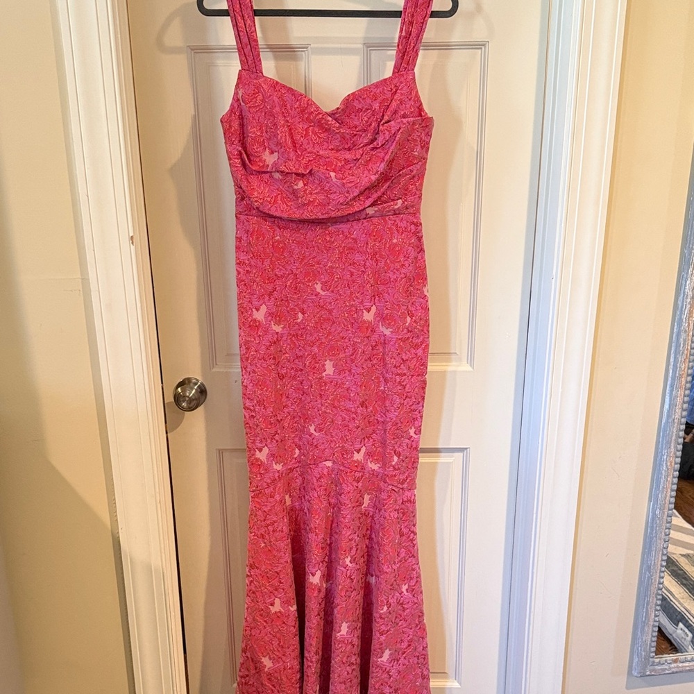 Theia Pink Brocade Long Formal Dress
